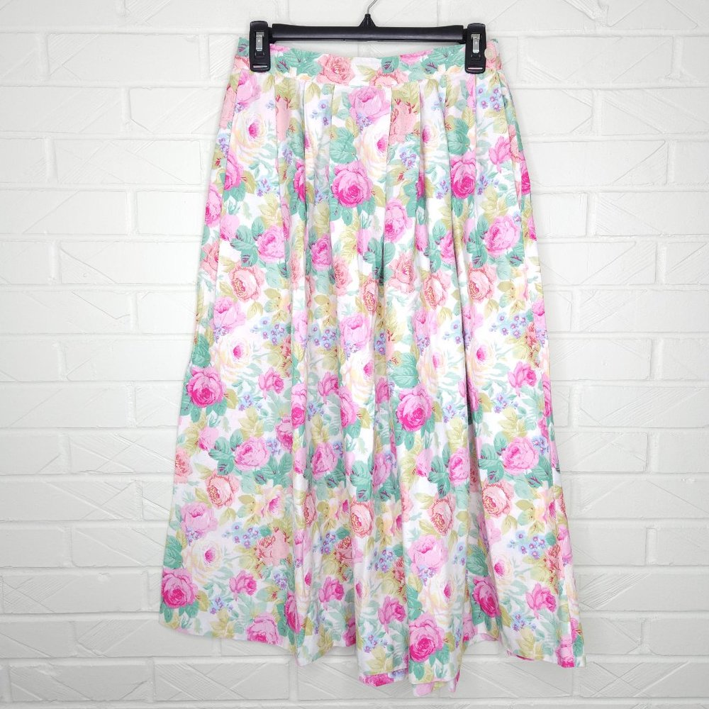 Vintage 1990's Advantage Multicolor Floral Print Pleated Midi Skirt 100% Cotton